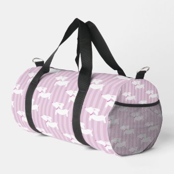 Sweet Dachshunds On Modern Pink Stripes Overnight  Duffle Bag by Smoothe1 at Zazzle
