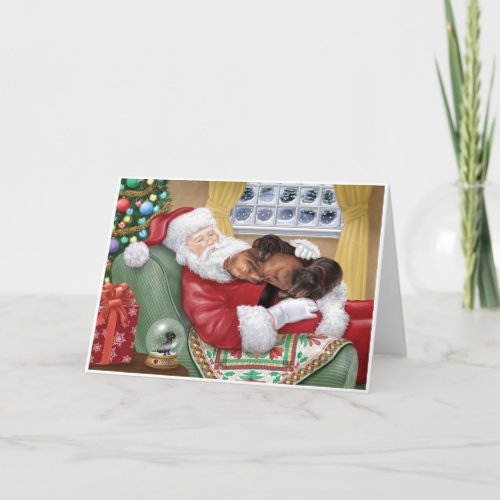 Sweet Dachshunds resting on Santas Lap Holiday Card