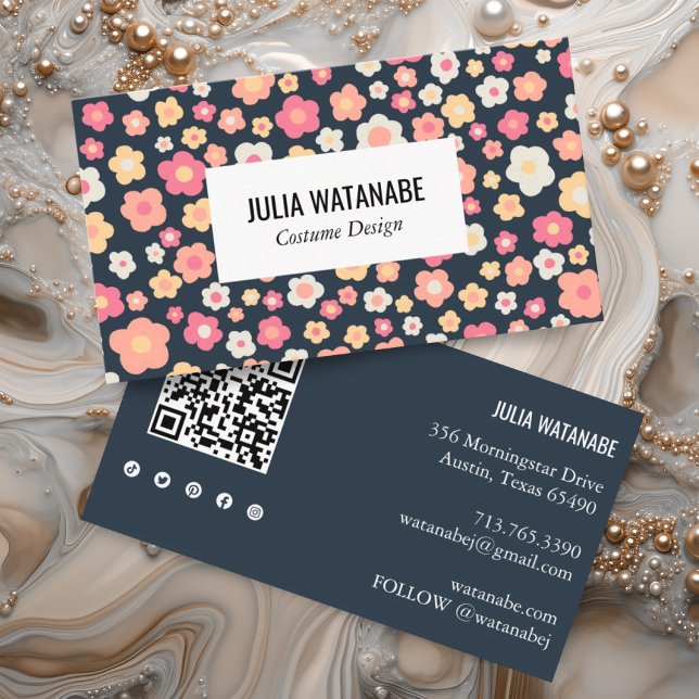 Sweet Daisies Floral QR Code Social Media Chic Business Card (Colorful daisy pattern business card with custom QR code and social media icons)