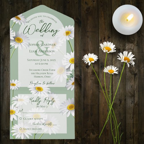 Sweet Daisies on Sage Green All In One Invitation