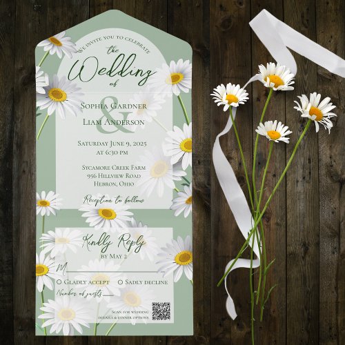 Sweet Daisies on Sage Green with QR Code All In One Invitation