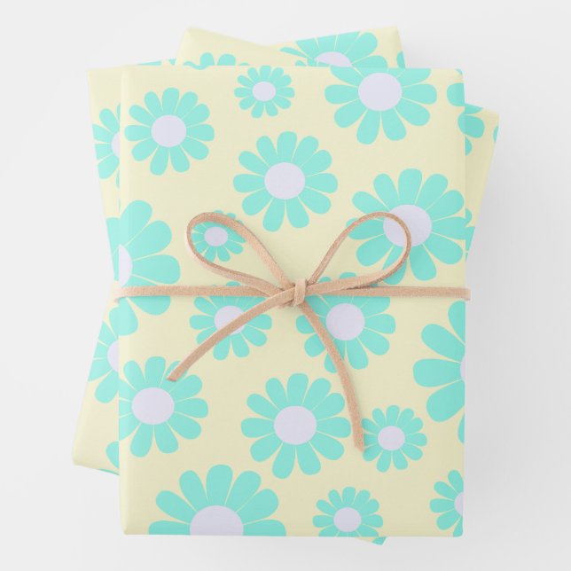 Sweet Daisy Baby Pastel Green Blue Pink Wrapping Paper Sheets (In situ)