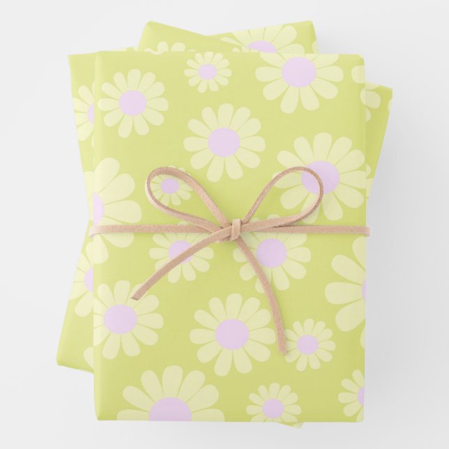 Sweet Daisy Baby Pastel Green Yellow Pink Wrapping Paper Sheets (In situ)