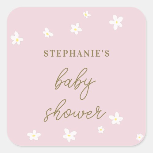 Sweet Daisy Pink Gold Calligraphy Baby Girl Shower Square Sticker