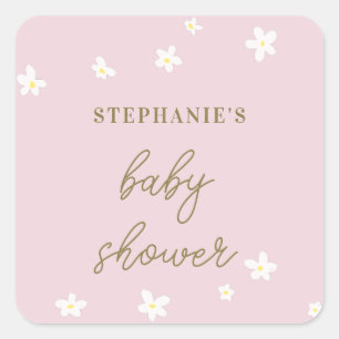 Sweet Daisy Pink Gold Calligraphy Baby Girl Shower Square Sticker