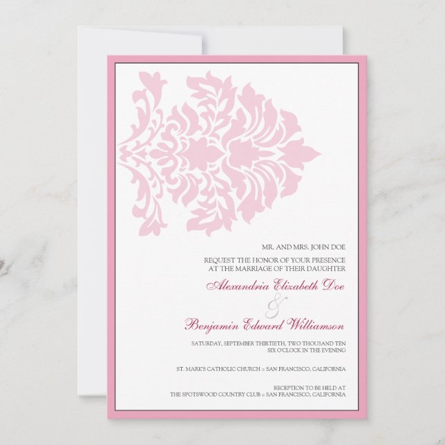 Sweet Damask 5x7 Pink/White Wedding Invitation (Front)