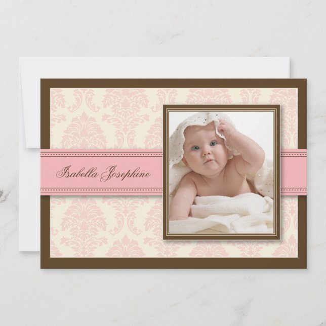 Sweet Damask Chocolate Birth Announcement (pink) (Front)