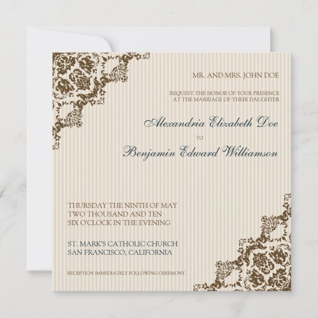 Sweet Damask Corners Brown Wedding Invitation (Front)