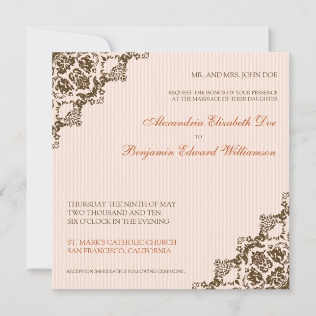 Sweet Damask Corners Coral Wedding Invitation (Front)