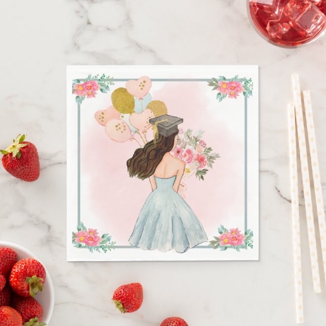 Sweet Dark Brown Haired Girl Watercolor Graduation Napkins (Insitu)