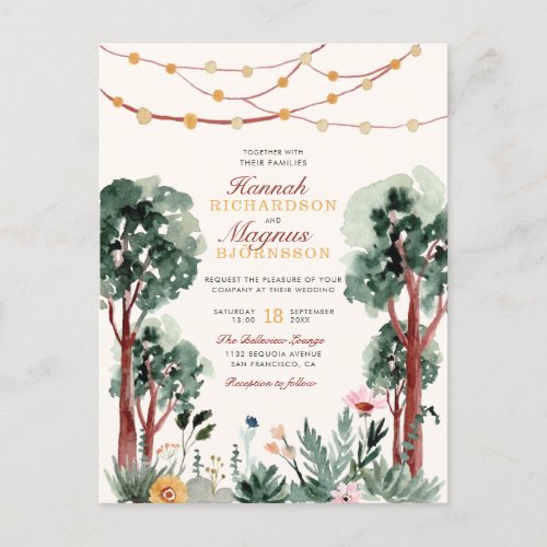 Sweet Dark Green Botanical Trees Unique Wedding Invitation Postcard