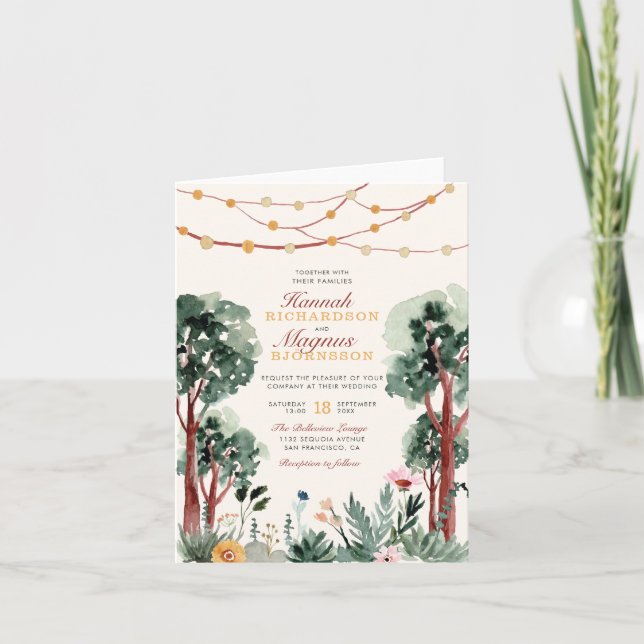 Sweet Dark Green Watercolor Trees Unique Wedding Invitation (Front)