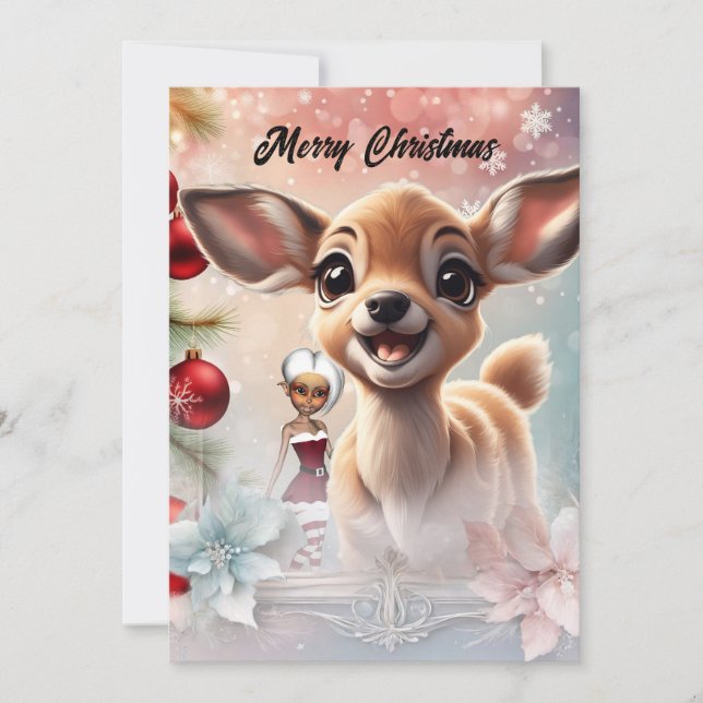 Sweet deer and cute elves holiday card (Front)