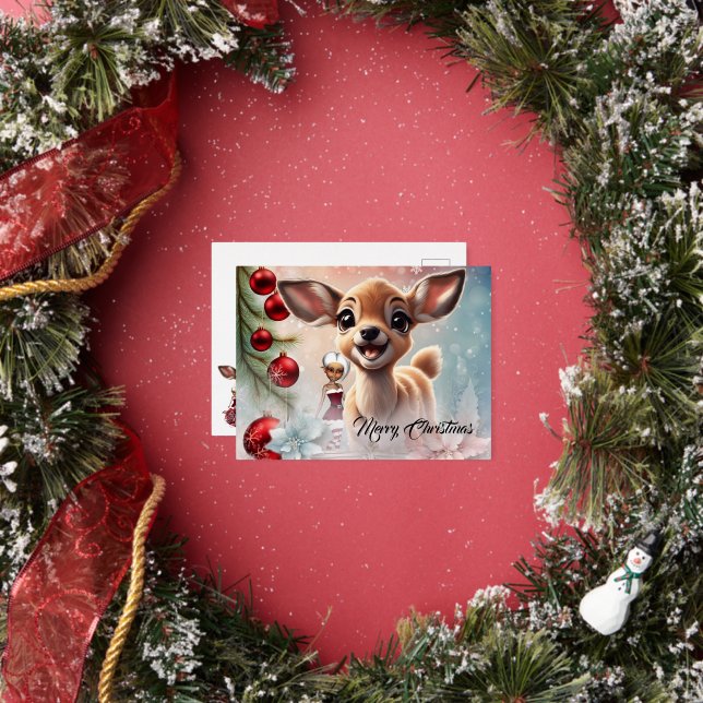 Sweet deer and cute elves wish you a merry christm foil holiday postcard (Insitu)