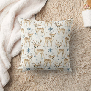 Sweet Deer Blue Christmas Snowflakes Throw Pillow