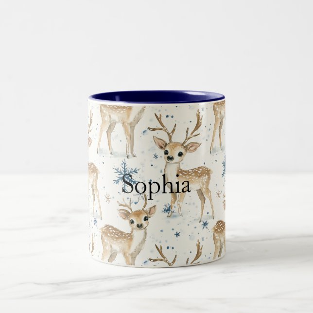 Sweet Deer Blue Christmas Snowflakes Two-Tone Coffee Mug (Center)
