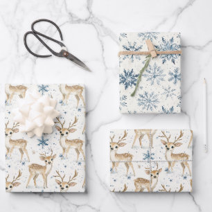 Sweet Deer Blue Christmas Snowflakes Wrapping Paper Sheets