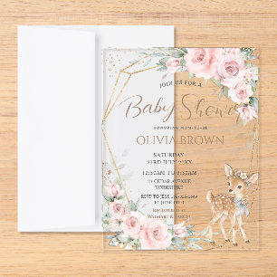 Sweet Deer Blush Pink Floral Baby Shower Invite Acrylic Enclosure Card