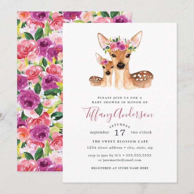 Sweet Deer Mom And Baby Floral Baby Shower Invitation (Front/Back)