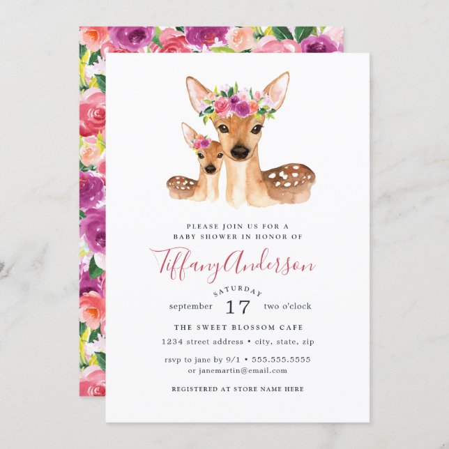 Sweet Deer Mom And Baby Floral Baby Shower Invitation (Front/Back)