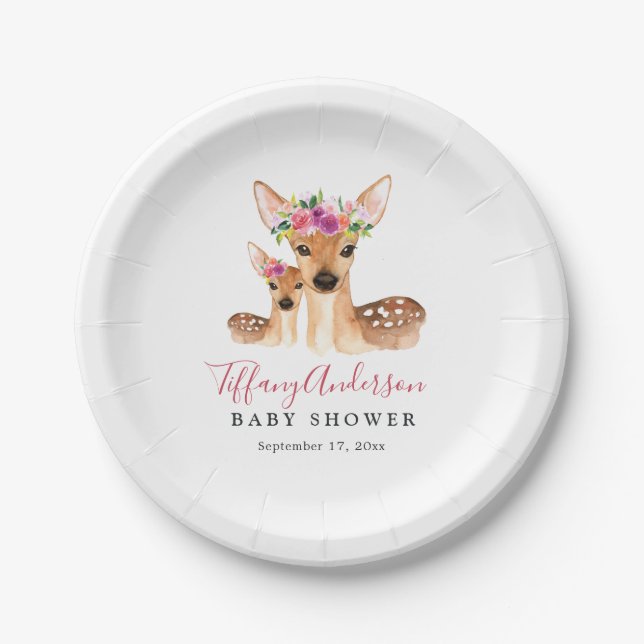 Sweet Deer Mom And Baby Floral Baby Shower Plate (Front)