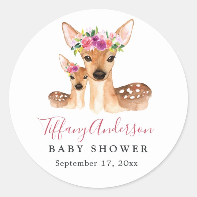 Sweet Deer Mom And Baby Floral Baby Shower Sticker (Front)