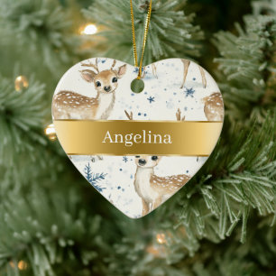 Sweet Deer Snowflakes Gold Ribbon Christmas Ceramic Ornament