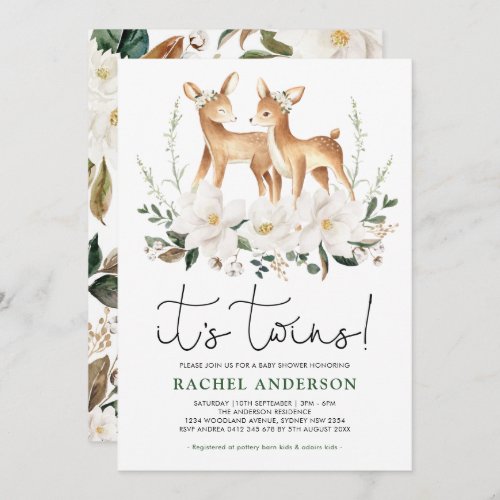 Sweet Deer Twins Baby Shower Ivory Floral Greenery Invitation