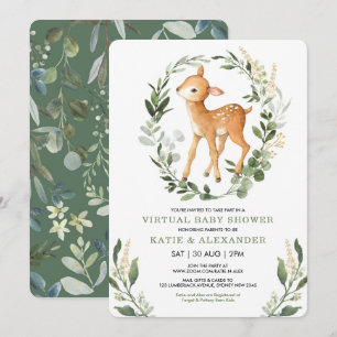 Sweet Deer Woodland Greenery Virtual Baby Shower Invitation