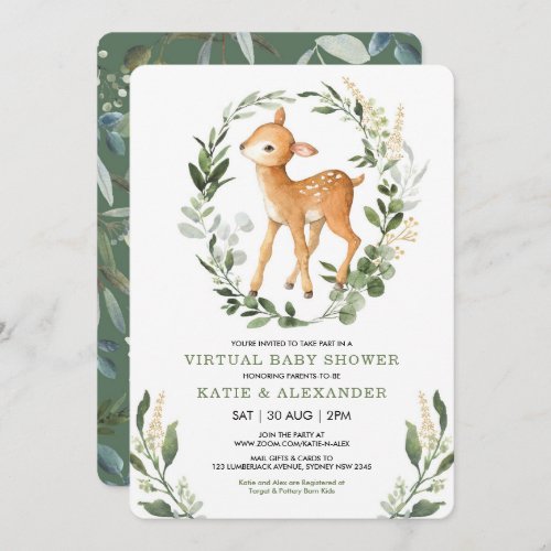 Sweet Deer Woodland Greenery Virtual Baby Shower Invitation