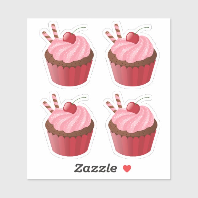 Sweet Delicious Cherry Cupcake Set of 4 Sticker (Sheet)