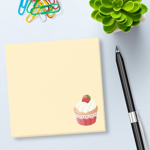 Sweet Delicious Strawberry Cupcake on Yellow Post_it Notes