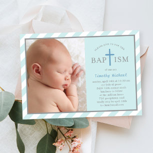 Sweet Diagonals Photo Baptism Invitation - Blue