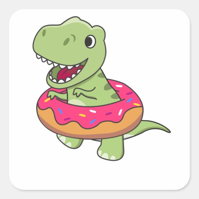 Sweet Dino T-Rex Funny Animals In Donut Pink Square Sticker (Front)