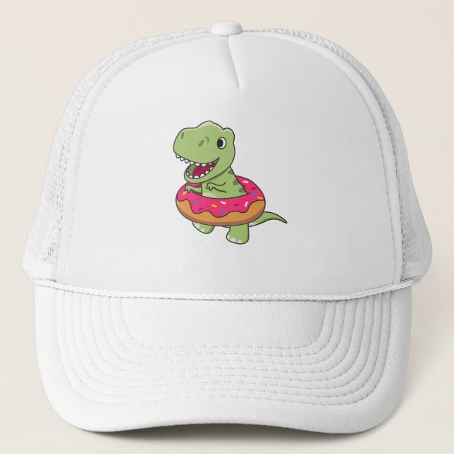 Sweet Dino T-Rex Funny Animals In Donut Pink Trucker Hat (Front)