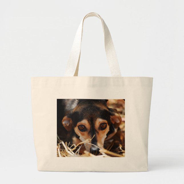 Sweet dog laying in hay large tote bag (Front)