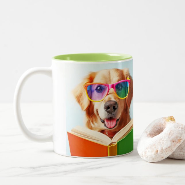Sweet Dog Reading A book Two-Tone Coffee Mug (With Donut)