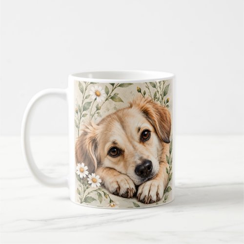 Sweet Dog with Daisies Watercolor Botanical Art Coffee Mug
