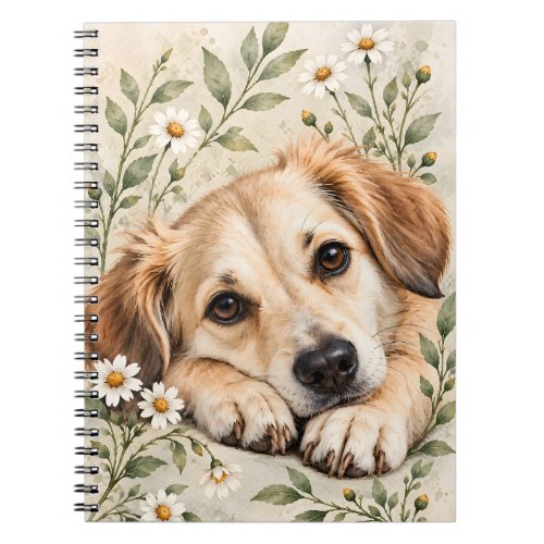 Sweet Dog with Daisies Watercolor Botanical Art Notebook