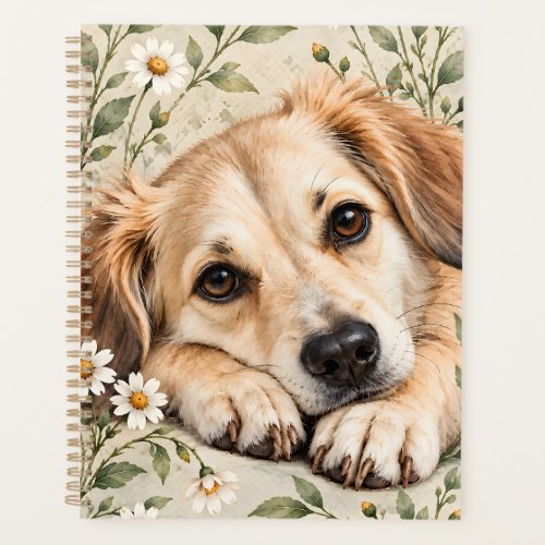Sweet Dog with Daisies Watercolor Botanical Art Planner