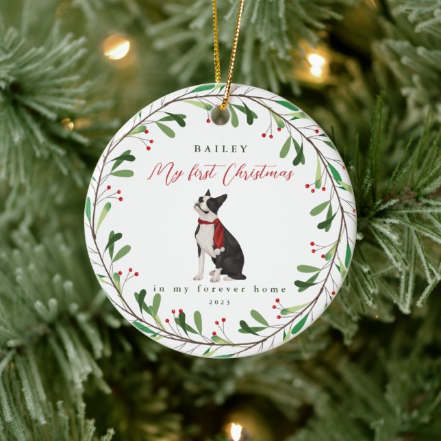 Sweet Dog's First Christmas with Name and Year Ceramic Ornament (Tree)