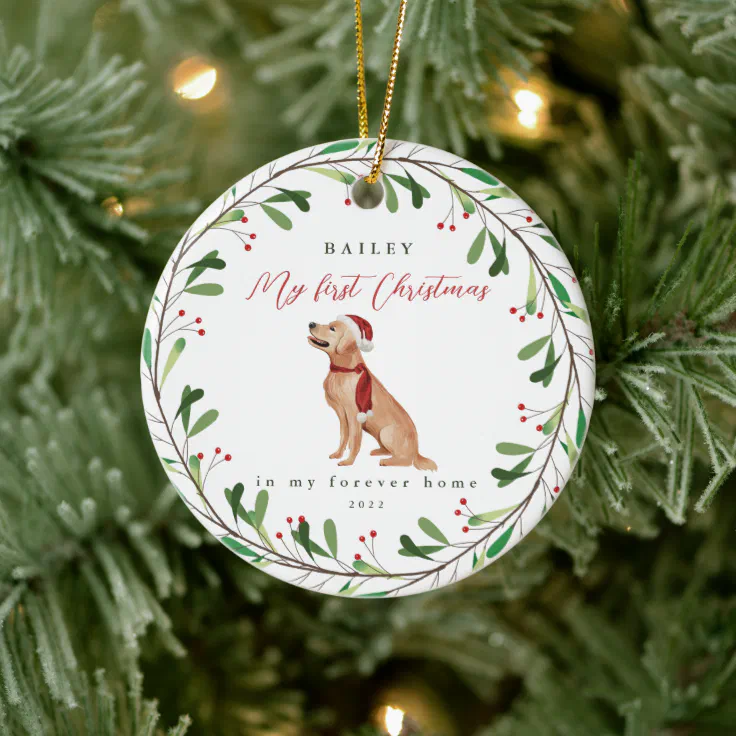 Sweet Dog's First Christmas with Name and Year Ceramic Ornament