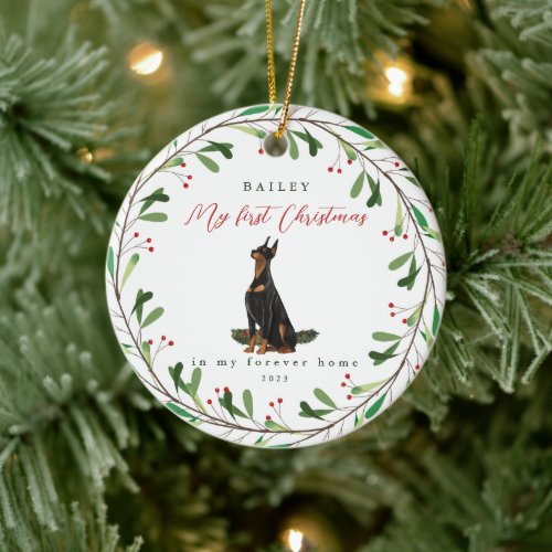 Sweet Dogs First Christmas with Name and Year Ceramic Ornament