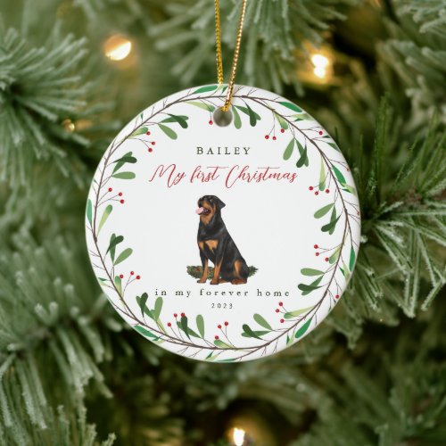 Sweet Dogs First Christmas with Name and Year Ceramic Ornament