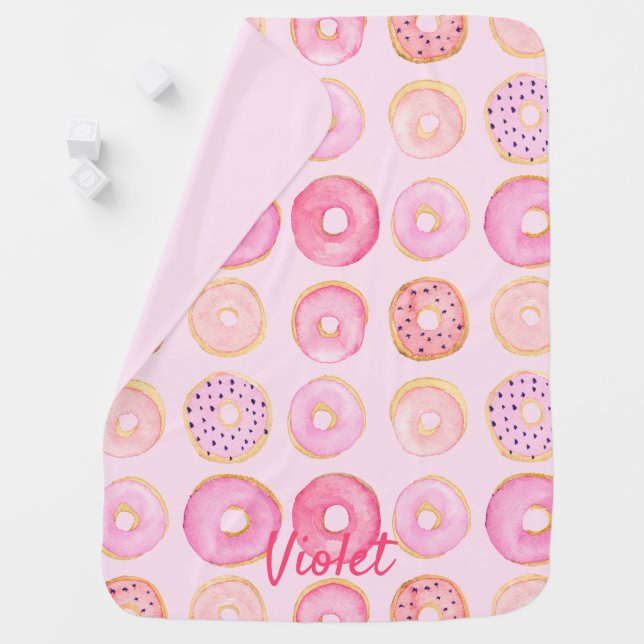 Sweet Donut Pattern Pastel Pink Girl Personalized Baby Blanket (In Situ)