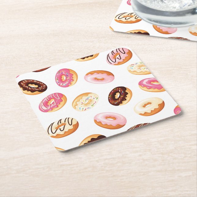 Sweet Donut Pattern Square Paper Coaster (Angled)