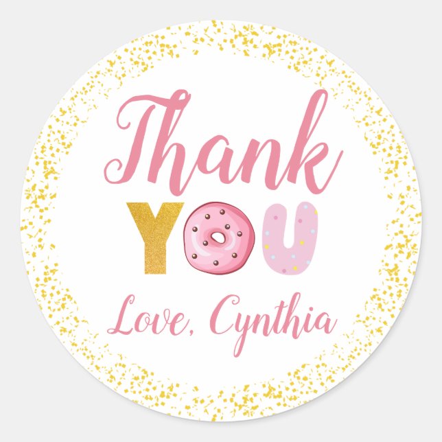 Sweet Donuts Party Gold Glitter Thank You Classic Round Sticker (Front)