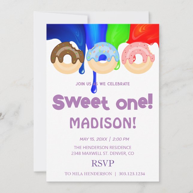 Sweet donuts, rainbow colors, sweet first birthday invitation (Front)