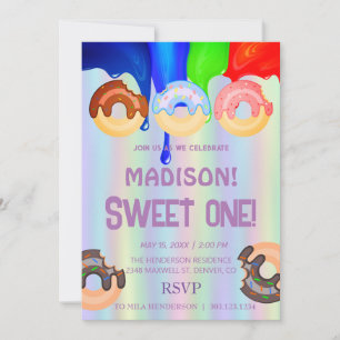 Sweet donuts, rainbow colors, sweet first birthday invitation