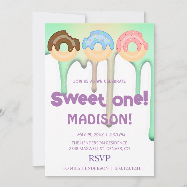 Sweet donuts, rainbow colors, sweet first birthday invitation (Front)